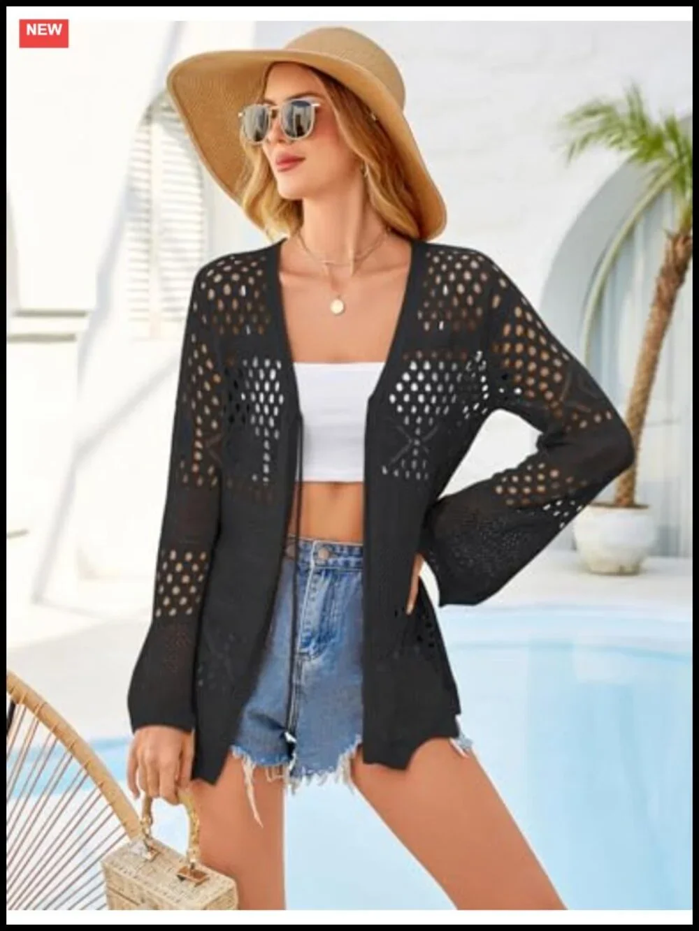 Crochet Summer Lightweight Cardigan with Tie Front and Bell Sleeves